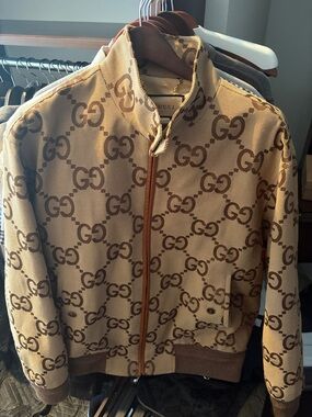 GUCCI Jumbo GG Beige and Brown Monogram Zip Jacket.